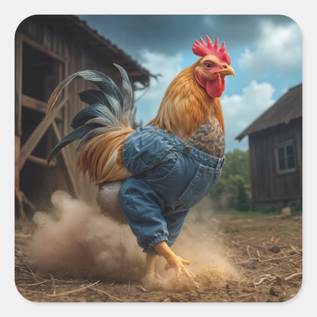 Strutting Rooster In a Dusty Farmyard Square Sticker (Front)