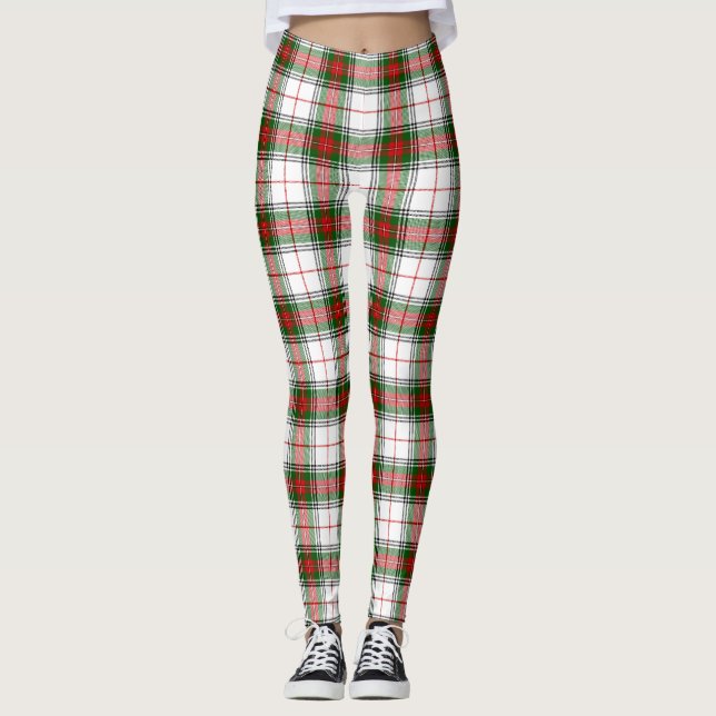 Stuart / Stewart tartan white red green plaid Leggings (Front)