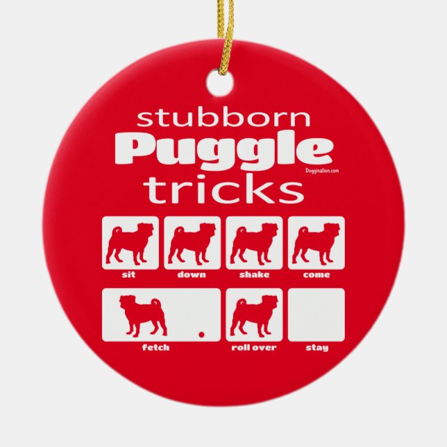 Stubborn Puggle Tricks Ceramic Tree Decoration (Front)