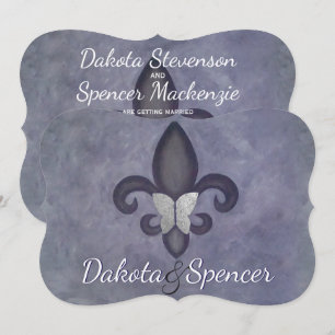 Stubborn Purple Fleur de Lis Silver Butterfly Invitation