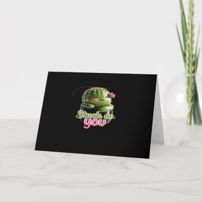 Stuck On You Cute Cactus Pun Kawaii Valentines Lov Card (Front)