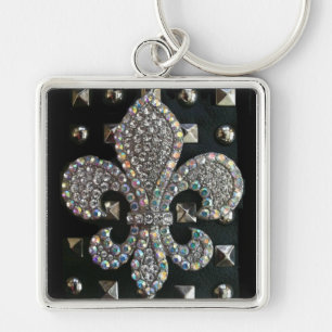 Studded fleur de lis print case key ring