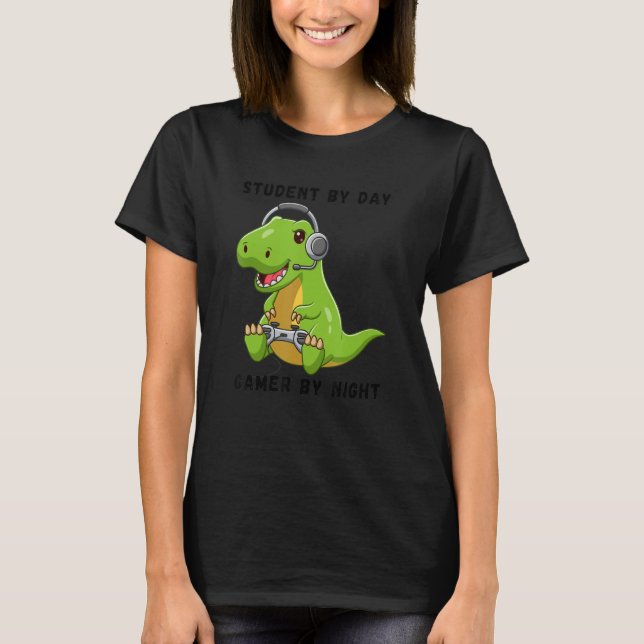 Student By Day Gamer By Night Meme Rex Dinosaur T-Shirt (Front)