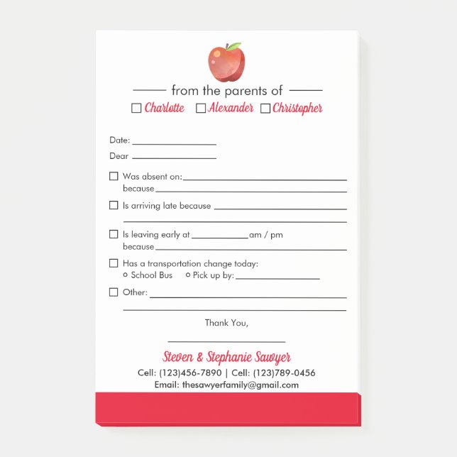 Student Excuse Notes for School Post-it  Notepad (Front)