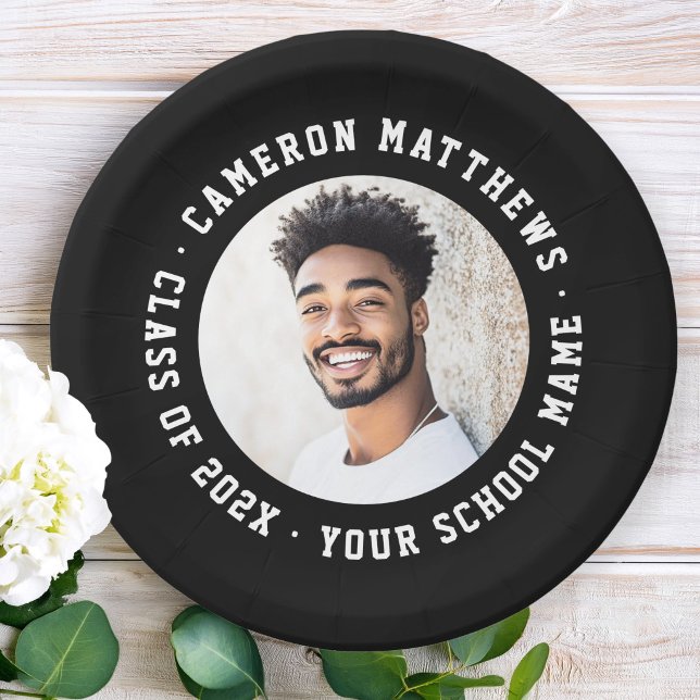 Student graduation photo modern black paper plate (Student graduation photo modern black paper plates)