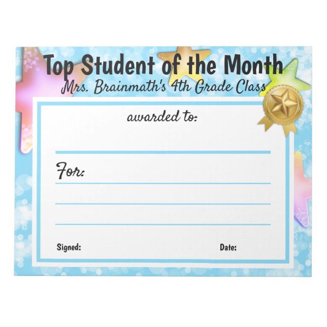 Student of the month teacher certificate award notepad (Front)
