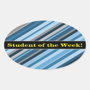 "Student of the Week!" + Blue and Grey Stripes Oval Sticker