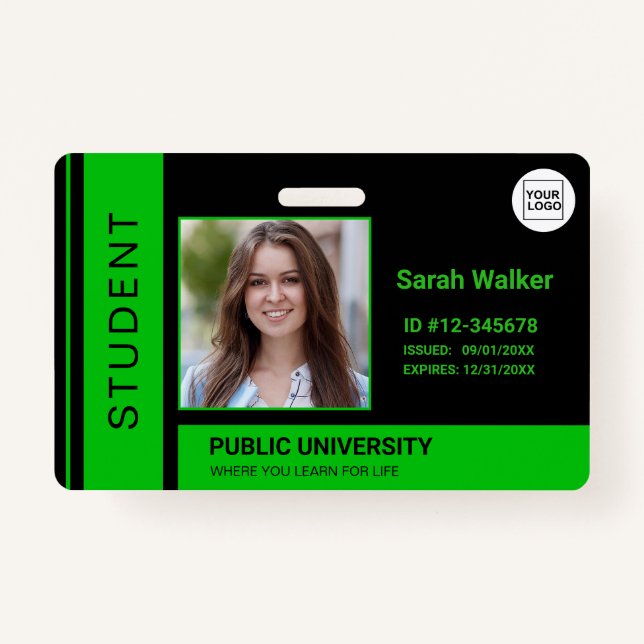 Student photo ID school university green ID Badge (Front)
