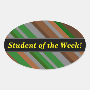 Student Praise + Green, Brown and Grey Stripes Oval Sticker