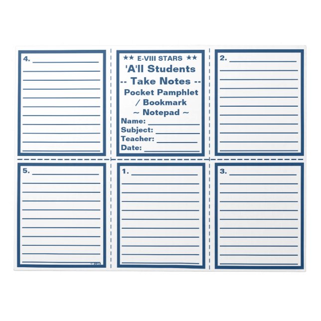 Student "Take Notes" Pocket Pamphlets / Bookmarks Notepad (Front)