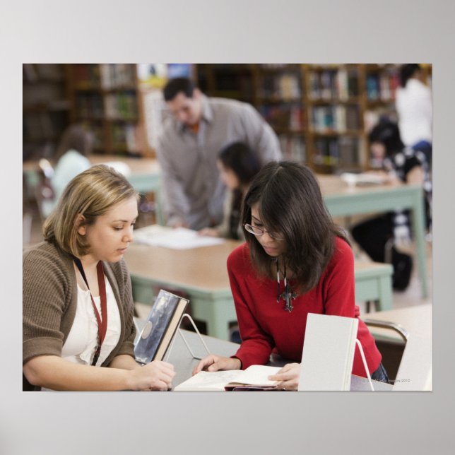 Student talking to librarian in school library poster (Front)