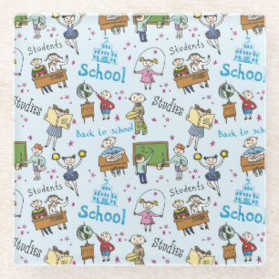 Students, School, & Studies Cartoon Pattern Glass Coaster