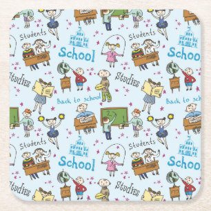 Students, School, & Studies Cartoon Pattern Square Paper Coaster