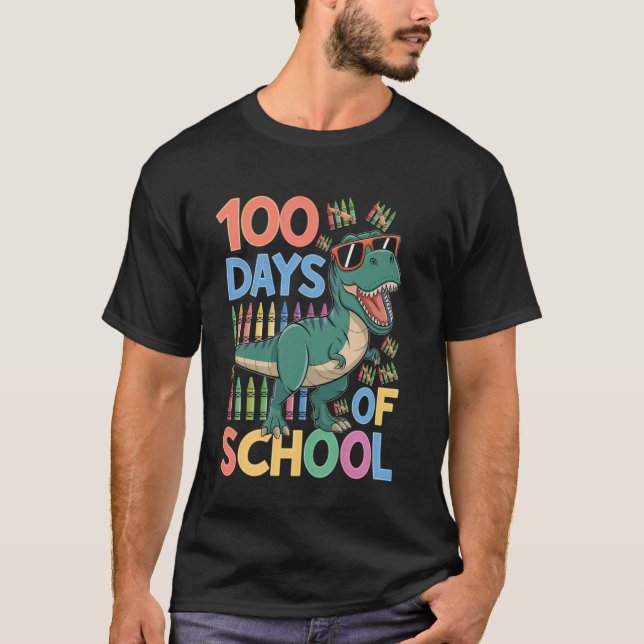 Students Teacher Trex Dinosaur 100 Days Of School T-Shirt (Front)