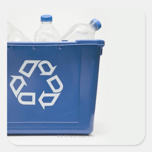Studio shot of recycling bin with bottles square sticker (Front)