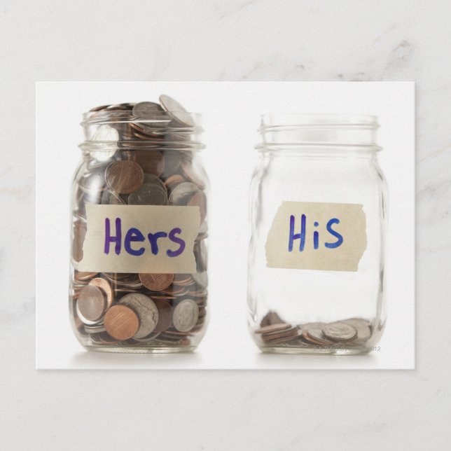 Studio shot of two jars with coins labelled postcard (Front)