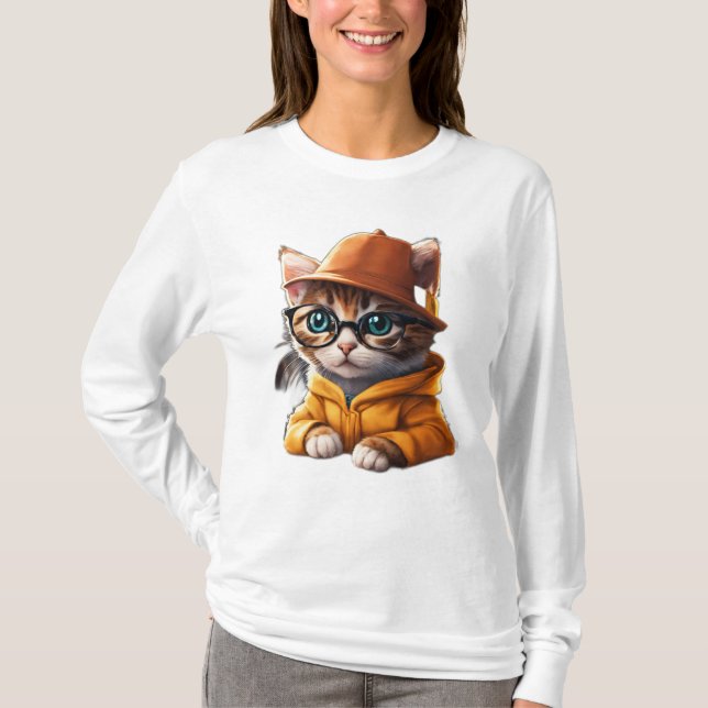 Studious Kitty: Cartoon Kitten with Hat & Glasses  T-Shirt (Front)