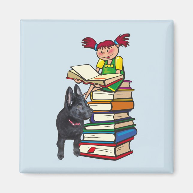 Study Buddy Puppy with School Girl on Books, ZKOA Magnet (Front)