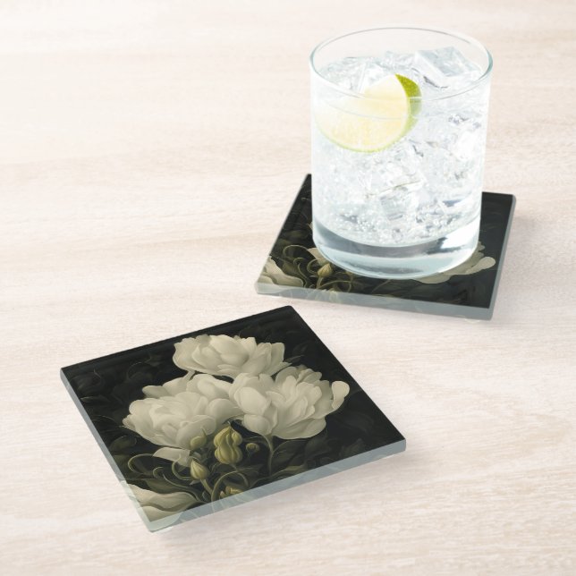 Study of a Peony Flower Glass Coaster (Angled)