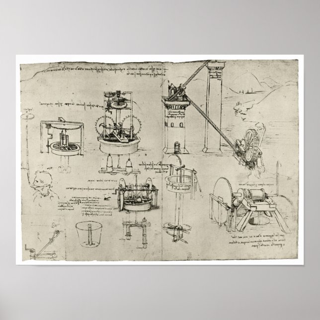 Study of Suction Pumps, Leonardo da Vinci Poster (Front)