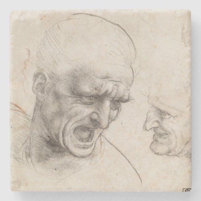 Study of Two Warriors Heads by Leonardo da Vinci Stone Coaster (Front)