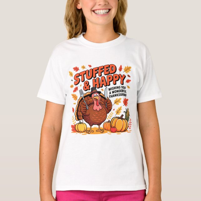 Stuffed and Happy Funny Thanksgiving T-Shirt (Front)