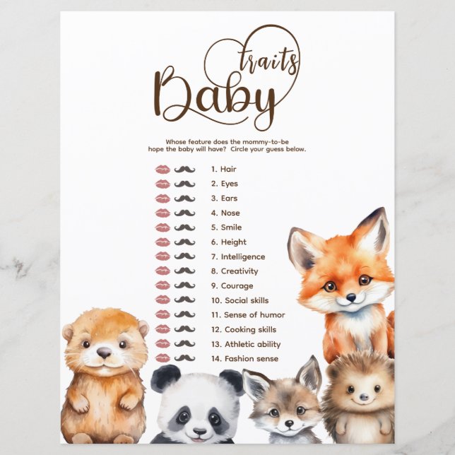  Stuffed Animals Baby Shower Baby Traits Game (Front)