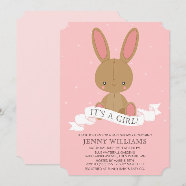 Stuffed Brown Bunny Rabbit Girl Baby Shower Invite (Front/Back)