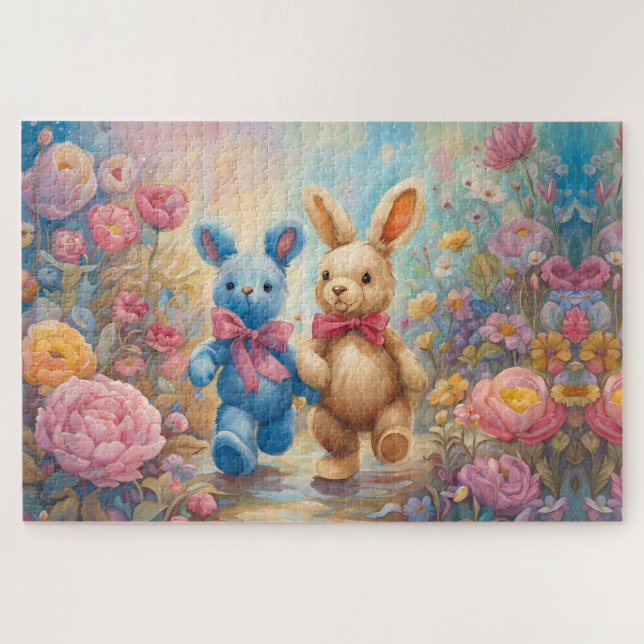 Stuffed Bunnies In a Pastel Garden Jigsaw Puzzle (Horizontal)