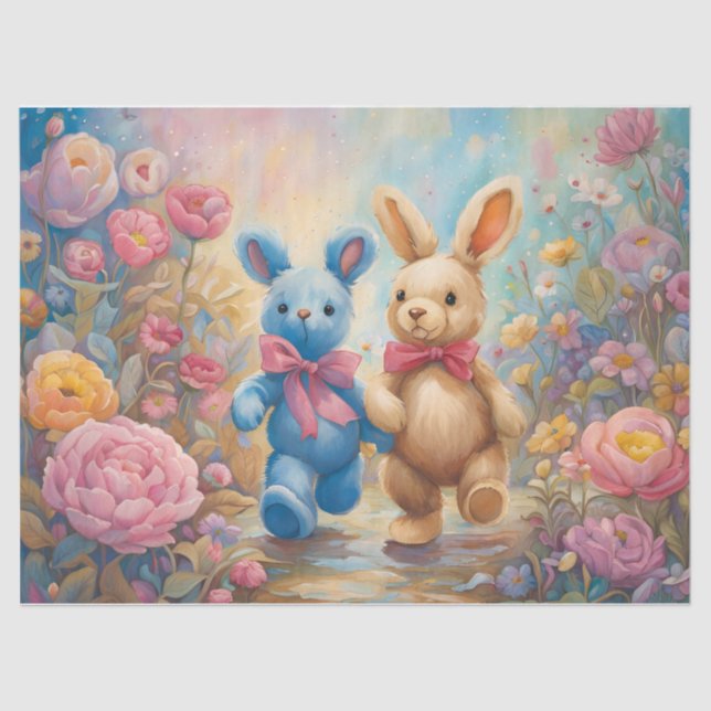 Stuffed Bunnies In a Pastel Garden Tissue Paper (Front)