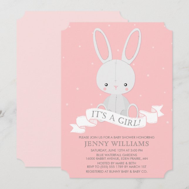 Stuffed Bunny Rabbit Girl Baby Shower Invitation (Front/Back)