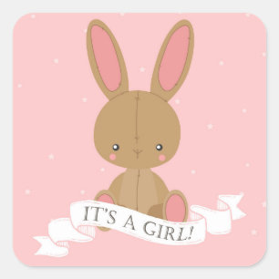 Stuffed Bunny Rabbit It's A Girl! Pink Baby Shower Square Sticker