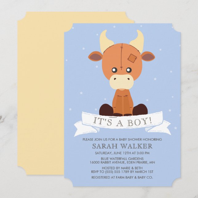 Stuffed Cow Blue Yellow It's a Boy! Baby Shower Invitation (Front/Back)