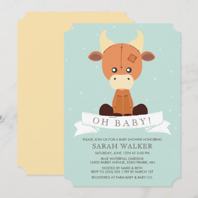 Stuffed Cow Yellow and Green Neutral Baby Shower Invitation (Front/Back)