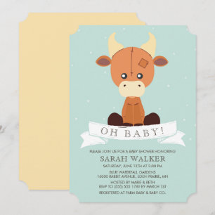 Stuffed Cow Yellow and Green Neutral Baby Shower Invitation