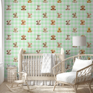 Stuffed Farm Animal Toys Green Plaid Baby Nursery Wallpaper