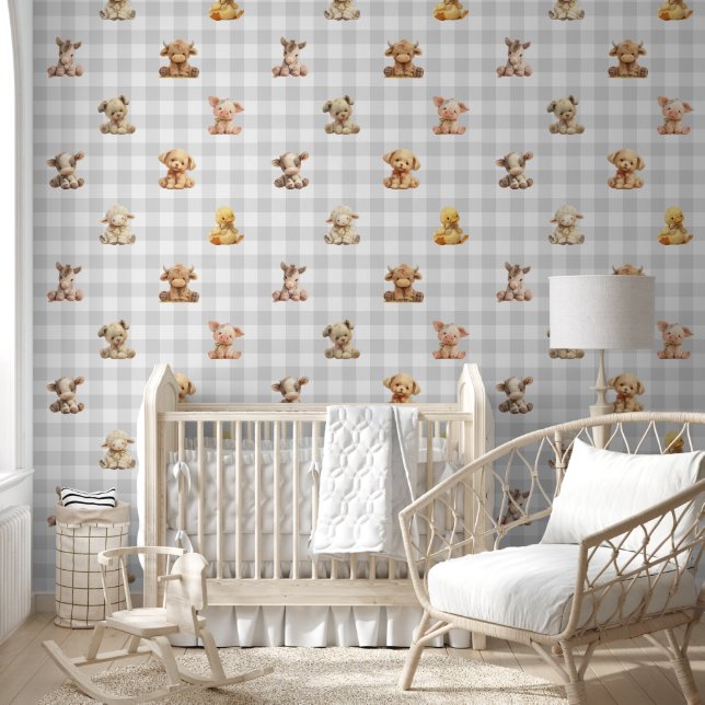 Stuffed Farm Animal Toys Grey Plaid Baby Nursery  Wallpaper (Kids)