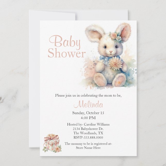 Stuffed Rabbit Gender Neutral Baby Shower Invitation (Front)