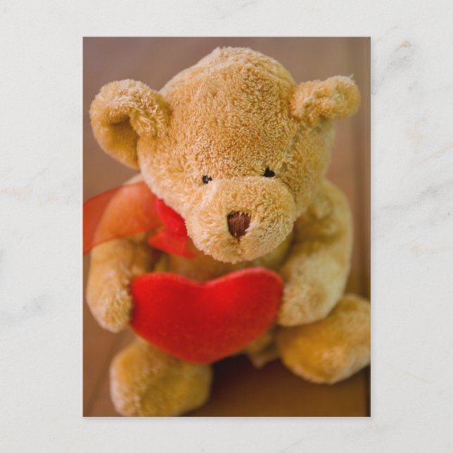 Stuffed teddy bear holding a heart postcard (Front)