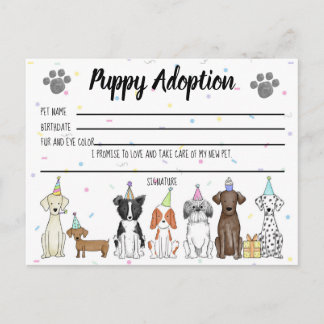 Stuffed Toy Puppy Adoption Card for Party Favour