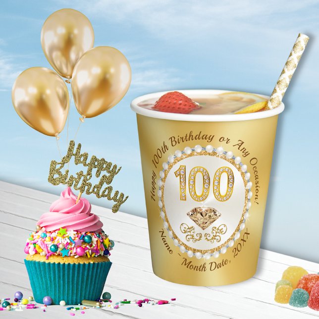 Stunning 100th, Birthday Paper Cups, Personalised Cups (100th birthday supplies, Birthday Paper Cups for 100 year birthday party for mom, grandma. 100 year.)