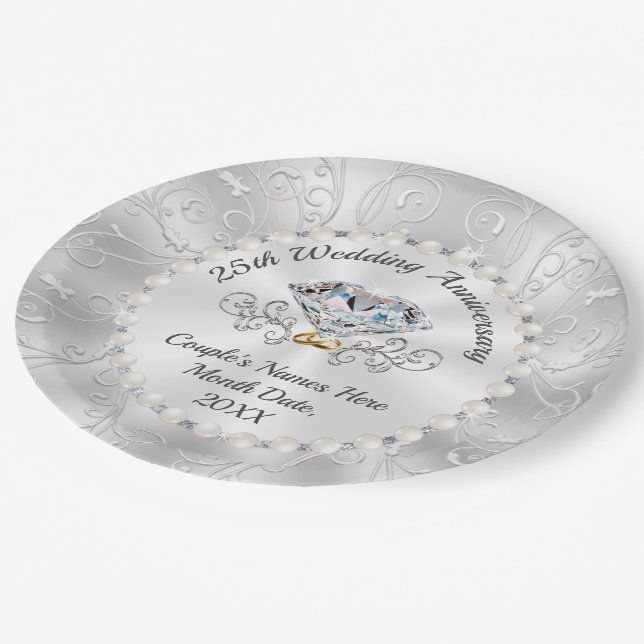 Stunning 25th Wedding Anniversary Paper Plates (Angled)