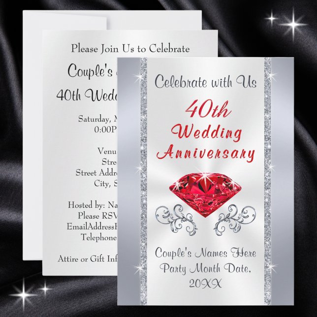 Stunning 40th Ruby Wedding Anniversary Invitations (Personalised 40th wedding anniversary invitations. Ruby themed anniversary party. Ruby anniversary.)