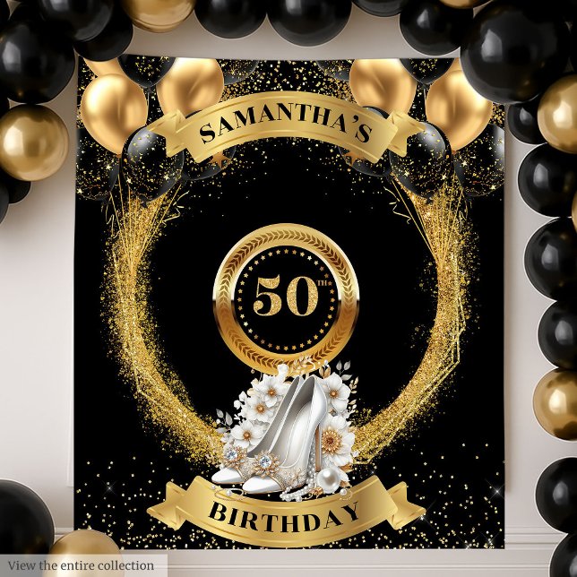 Stunning 50 Birthday Backdrop White Sparkle Heels Tapestry (Stunning 50 Birthday Backdrop White Sparkle Heels)
