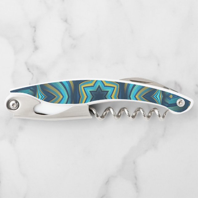 Stunning Abstract Blue and Yellow Mandala Art Corkscrew (Front)