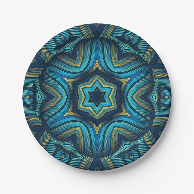 Stunning Abstract Blue and Yellow Mandala Art Paper Plate (Front)