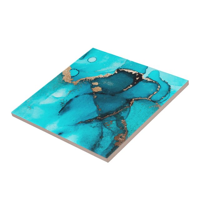 Stunning Abstract Ocean Green Gold Alcohol Ink Tile (Side)