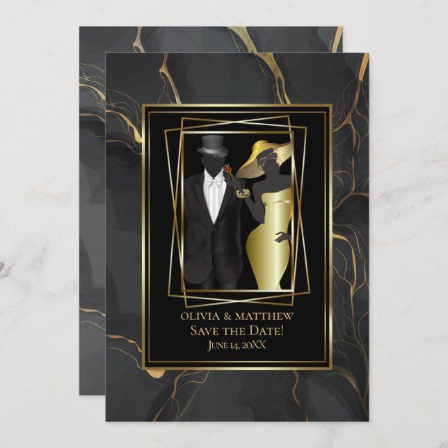 Stunning Add Photo Elegant Black and Gold Marble Invitation (Front/Back)