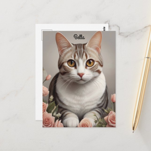 Stunning American Shorthair Cat with Delicate Rose Postcard (Front/Back In Situ)