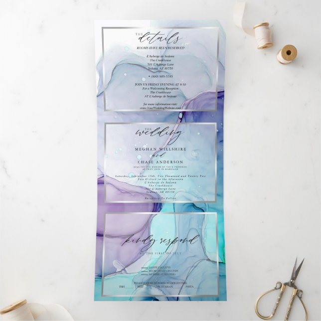 Stunning Aqua Violet Abstract Ink Tri-Fold Invitat (Inside)